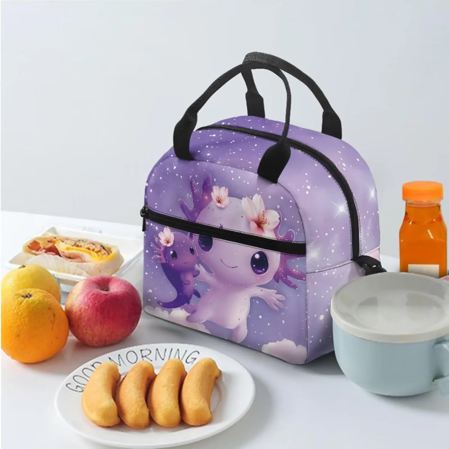 Dolyues Galaxy Axolotl 17-Inch School Bag for Girls - Kids Backpack with Lunch Box Set, Includes Insulated Lunch Bag & Pencil Case, Perfect for School and Family Adventures