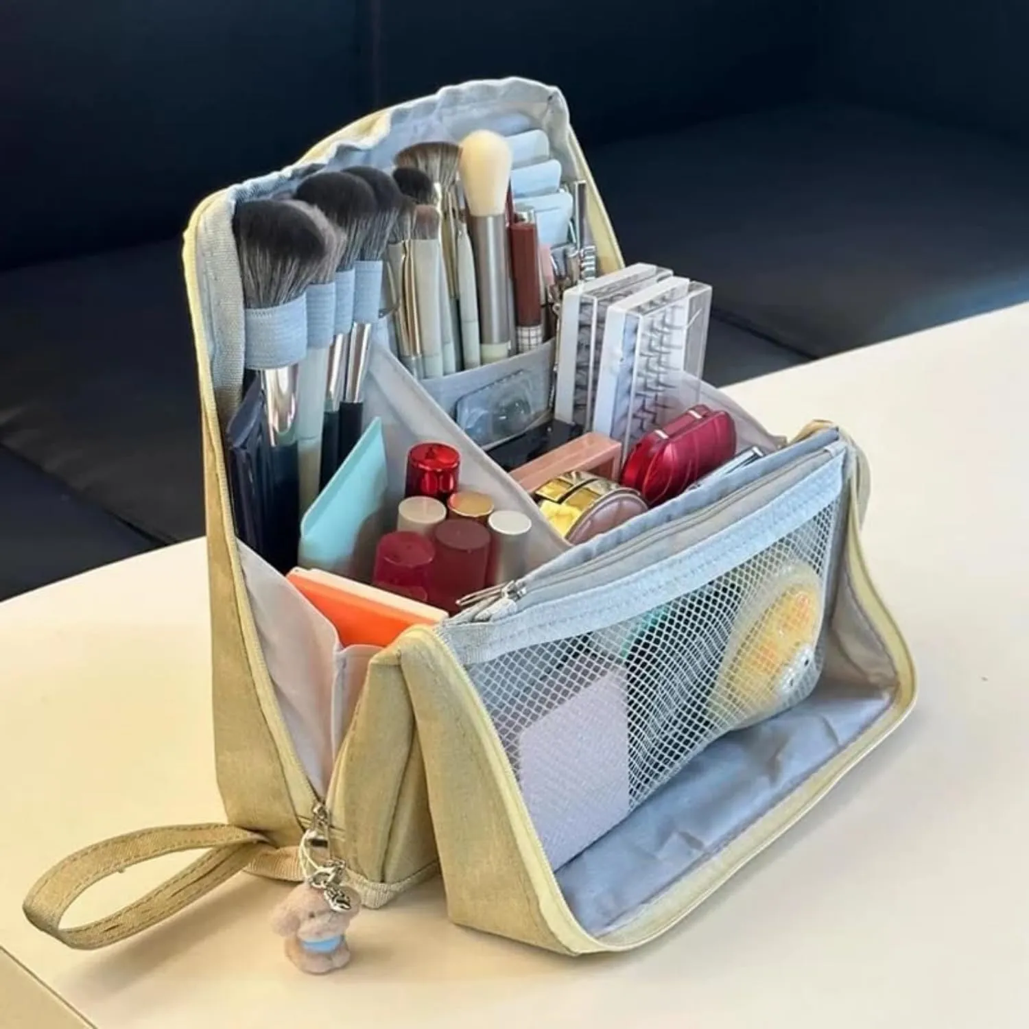 Doresty Makeup Bag, Multi-Purpose Large Capacity Oxford Cloth Standing Makeup Bag, Toiletry Bags with Compartments, Portable Large Capacity Waterproof Standing Makeup Bag (Blue)