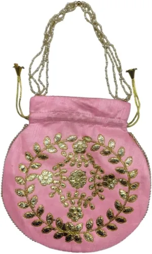 Elegant Embroidered Potli Bag - Traditional Handmade Silk Purse with Golden Beads & Drawstring