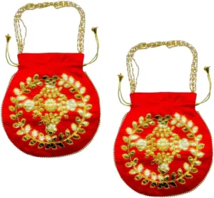 Elegant Embroidered Potli Bag - Traditional Handmade Silk Purse with Golden Beads & Drawstring