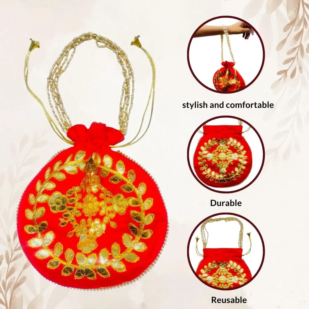 Elegant Embroidered Potli Bag - Traditional Handmade Silk Purse with Golden Beads & Drawstring