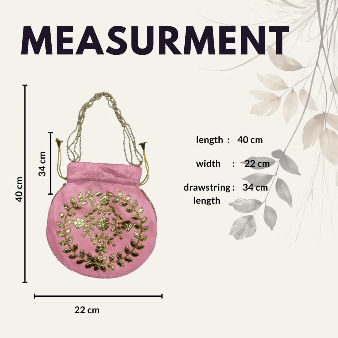 Elegant Embroidered Potli Bag - Traditional Handmade Silk Purse with Golden Beads & Drawstring