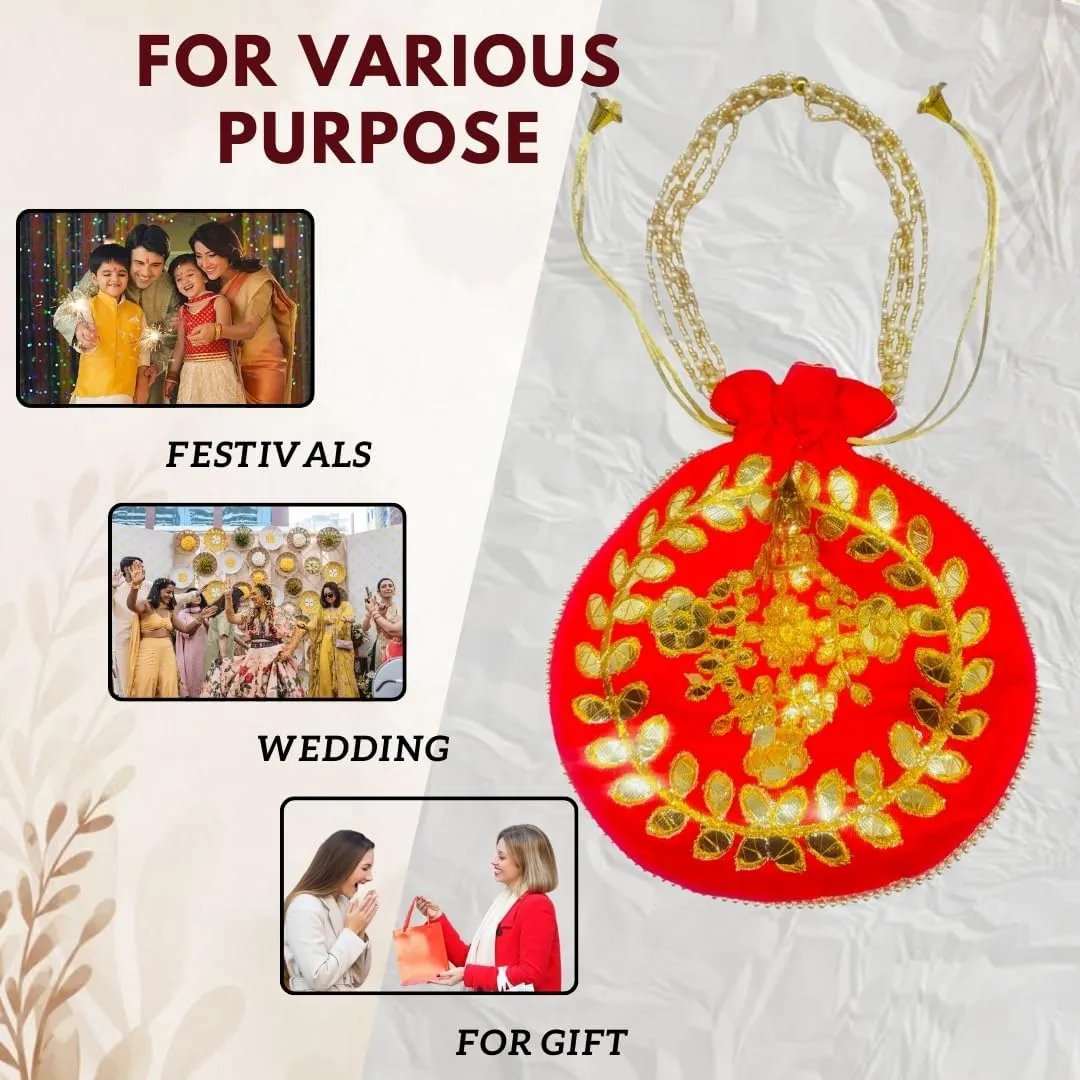 Elegant Embroidered Potli Bag - Traditional Handmade Silk Purse with Golden Beads & Drawstring