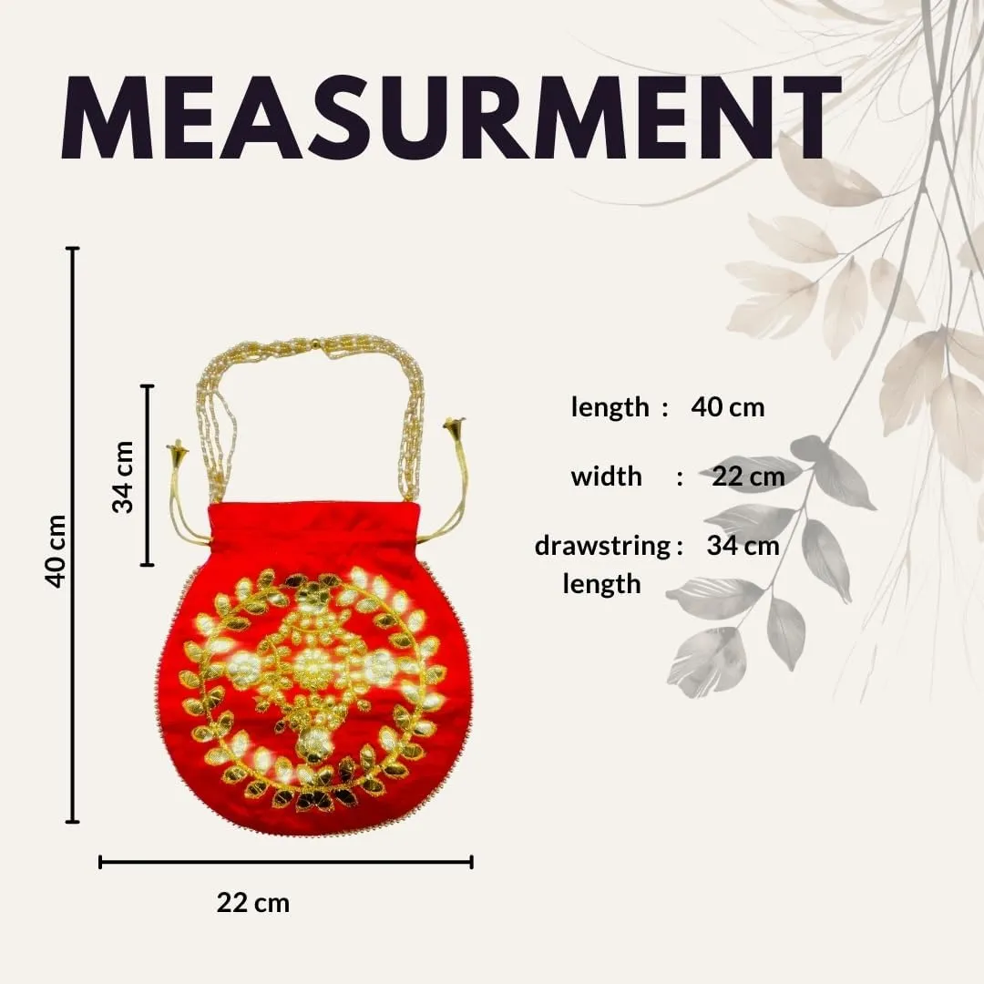 Elegant Embroidered Potli Bag - Traditional Handmade Silk Purse with Golden Beads & Drawstring