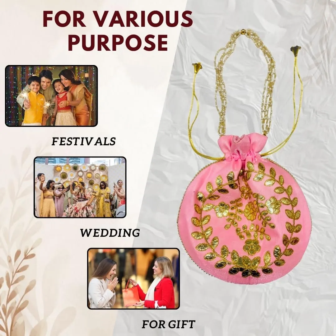 Elegant Embroidered Potli Bag - Traditional Handmade Silk Purse with Golden Beads & Drawstring