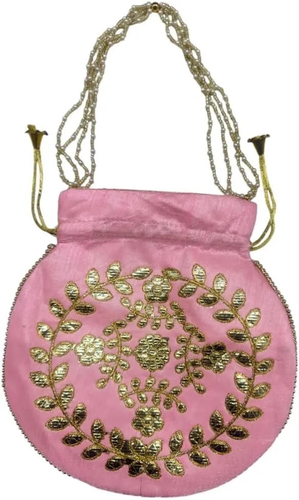 Elegant Embroidered Potli Bag - Traditional Handmade Silk Purse with Golden Beads & Drawstring