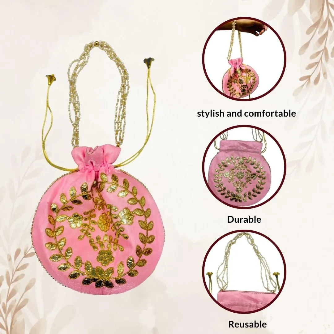 Elegant Embroidered Potli Bag - Traditional Handmade Silk Purse with Golden Beads & Drawstring