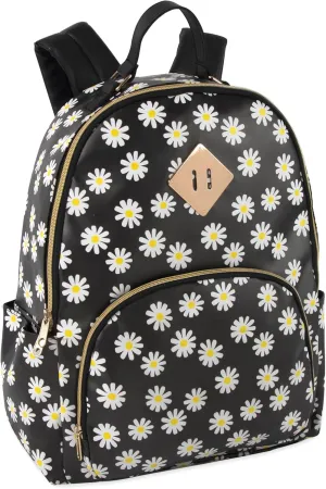 Emma & Chloe Black Daisies Waterproof Vinyl Backpack for Commuting,Travel (Black Daisies)