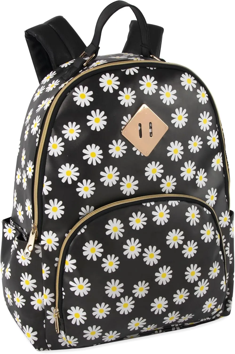 Emma & Chloe Black Daisies Waterproof Vinyl Backpack for Commuting,Travel (Black Daisies)