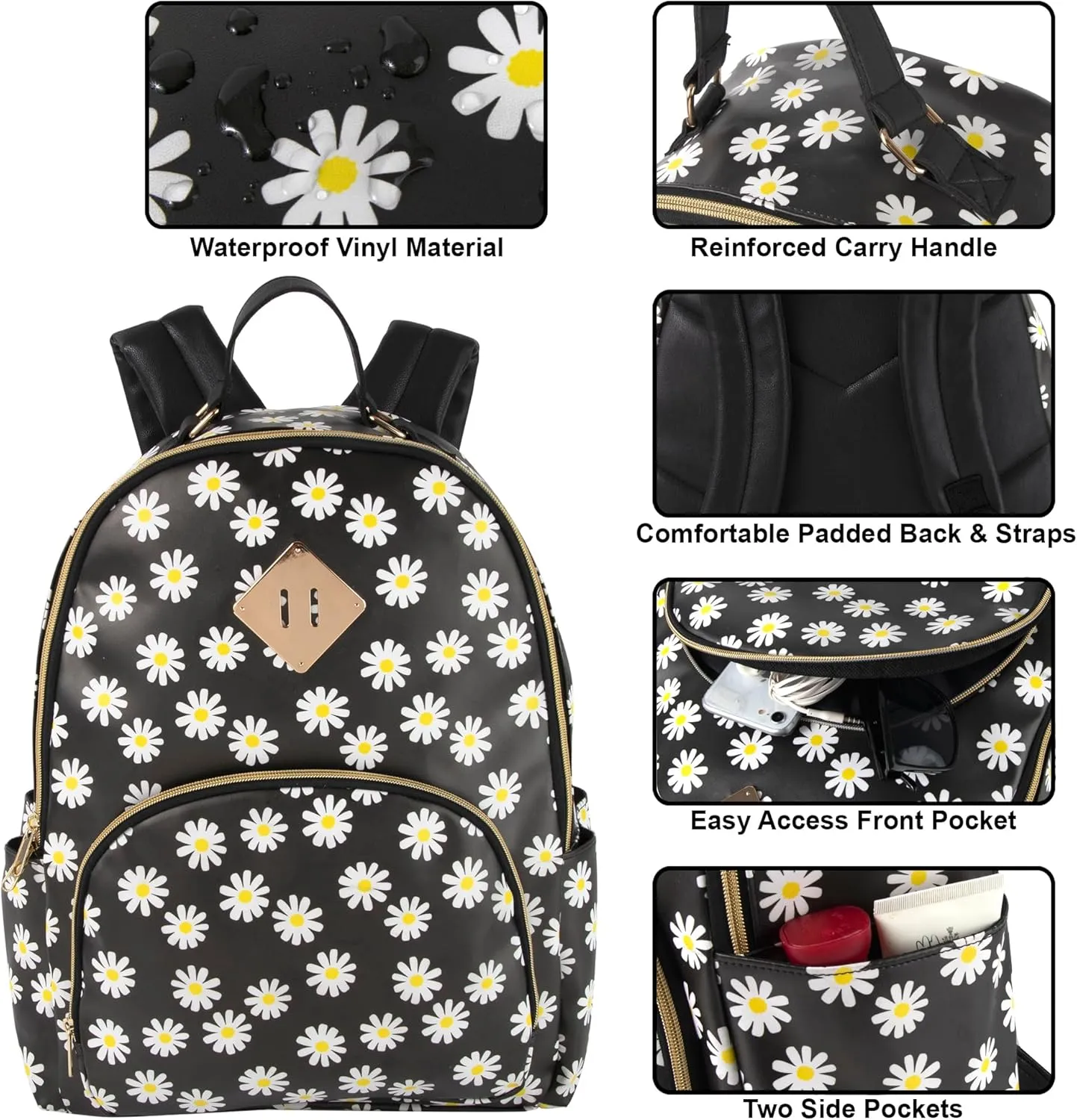 Emma & Chloe Black Daisies Waterproof Vinyl Backpack for Commuting,Travel (Black Daisies)