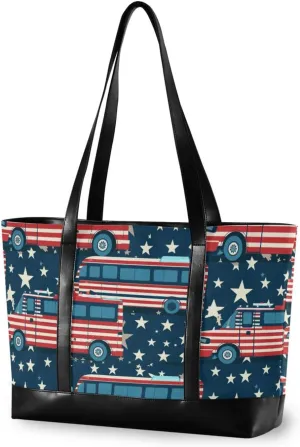 Flag Elements Bus 4th Of July Independence Day modern tote bags for laptops with zipper nurse work bags for nurse work with diaper estuche para laptop 14 pulgadas