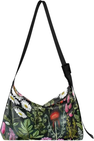 Flowers Herbs Black Tote Bag for Women Large Hobo Bags Leather Crossbody Bags Womens Shoulder Bags with Adjustable Strap for Women Men