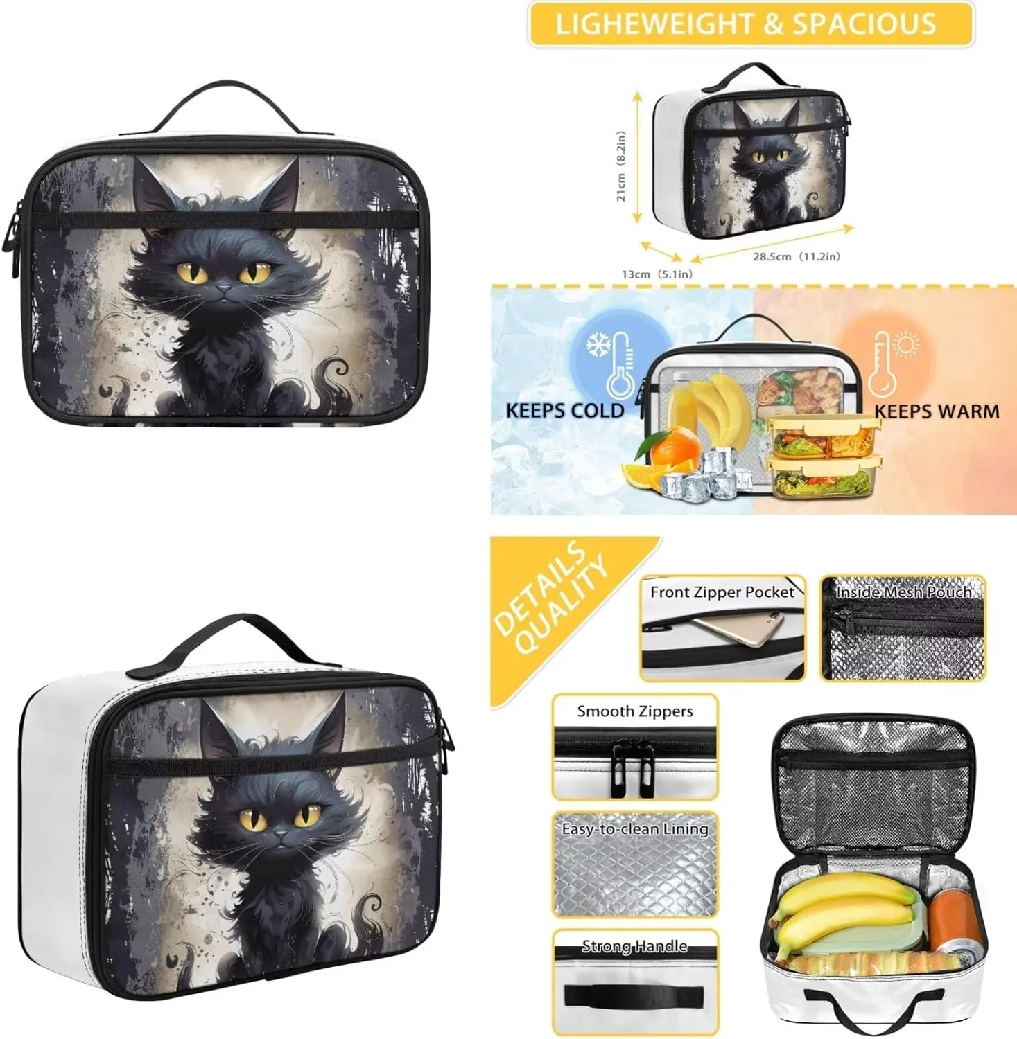 FOR U DESIGNS Large Kids Backpack with Lunch Bag Pencil Case, Black Cat Print Cute School Bookbag, Multi Functional Laptop Bag for Travel