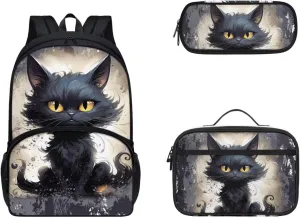 FOR U DESIGNS Large Kids Backpack with Lunch Bag Pencil Case, Black Cat Print Cute School Bookbag, Multi Functional Laptop Bag for Travel