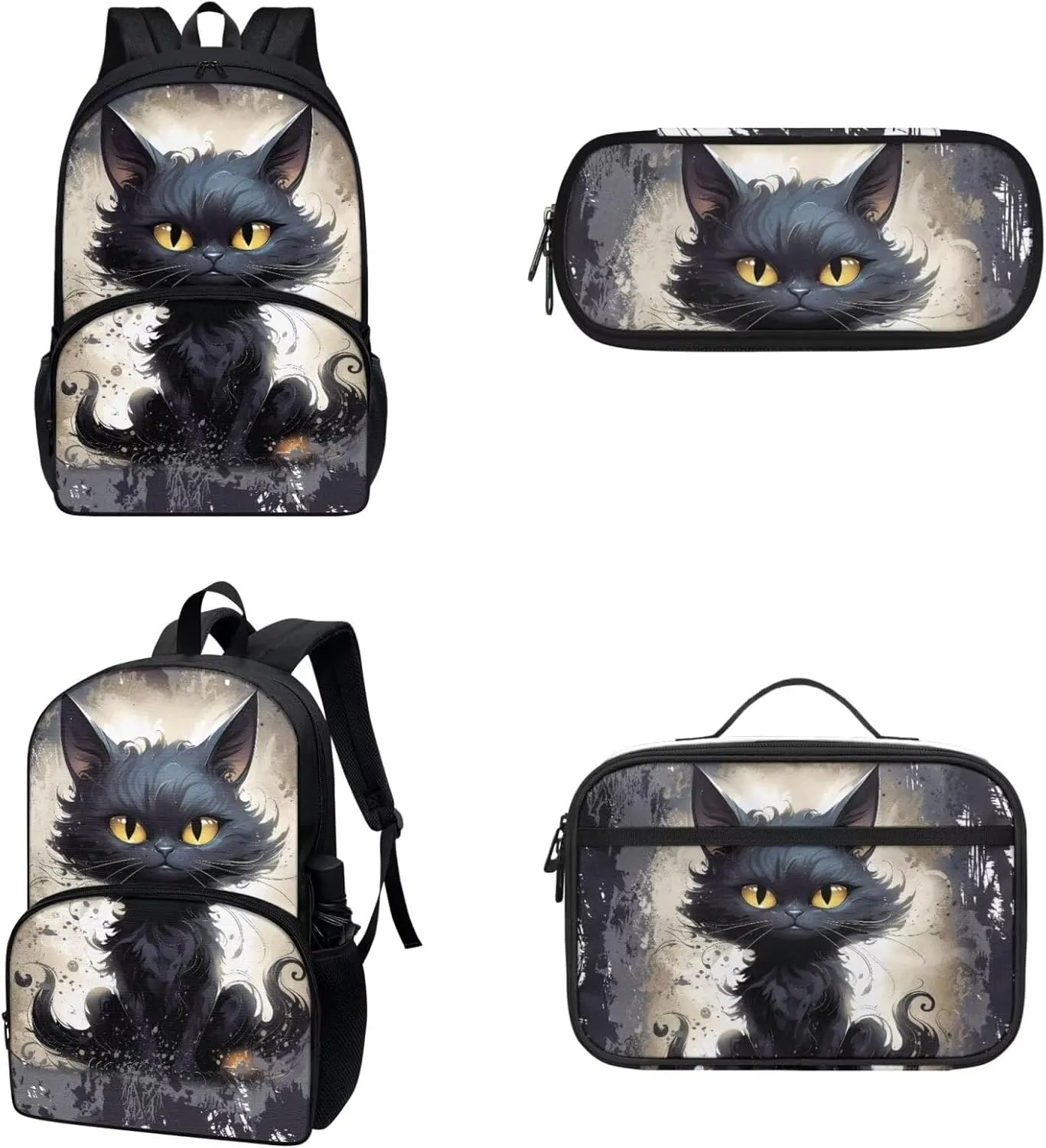FOR U DESIGNS Large Kids Backpack with Lunch Bag Pencil Case, Black Cat Print Cute School Bookbag, Multi Functional Laptop Bag for Travel
