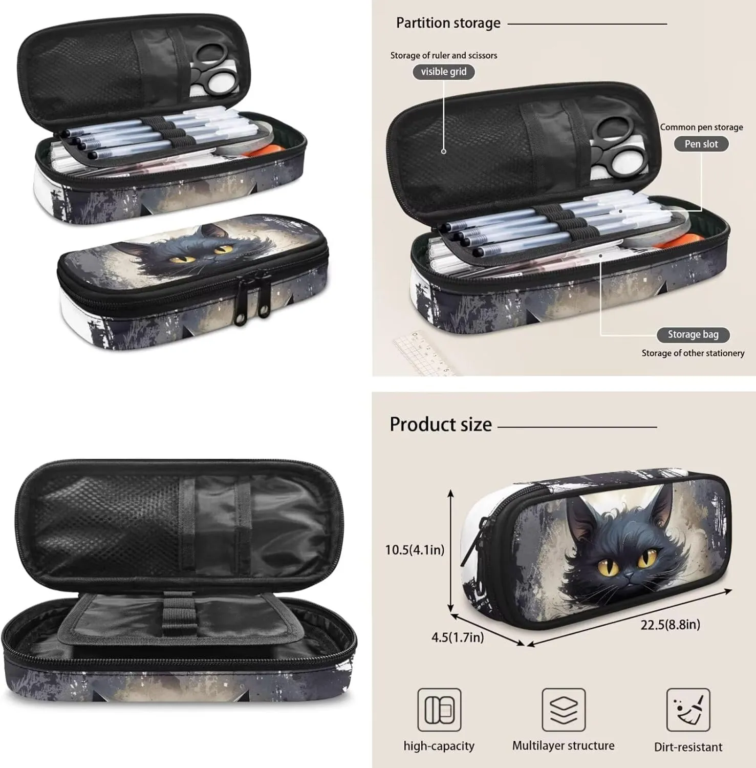 FOR U DESIGNS Large Kids Backpack with Lunch Bag Pencil Case, Black Cat Print Cute School Bookbag, Multi Functional Laptop Bag for Travel