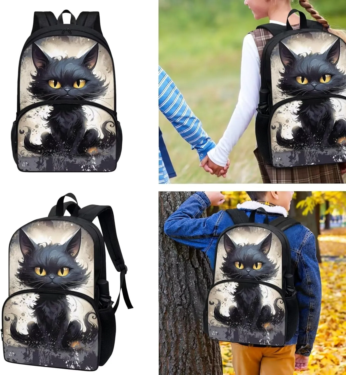 FOR U DESIGNS Large Kids Backpack with Lunch Bag Pencil Case, Black Cat Print Cute School Bookbag, Multi Functional Laptop Bag for Travel