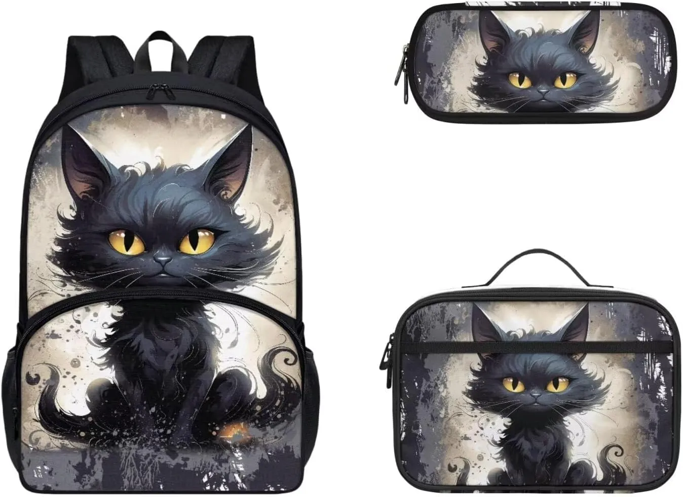 FOR U DESIGNS Large Kids Backpack with Lunch Bag Pencil Case, Black Cat Print Cute School Bookbag, Multi Functional Laptop Bag for Travel