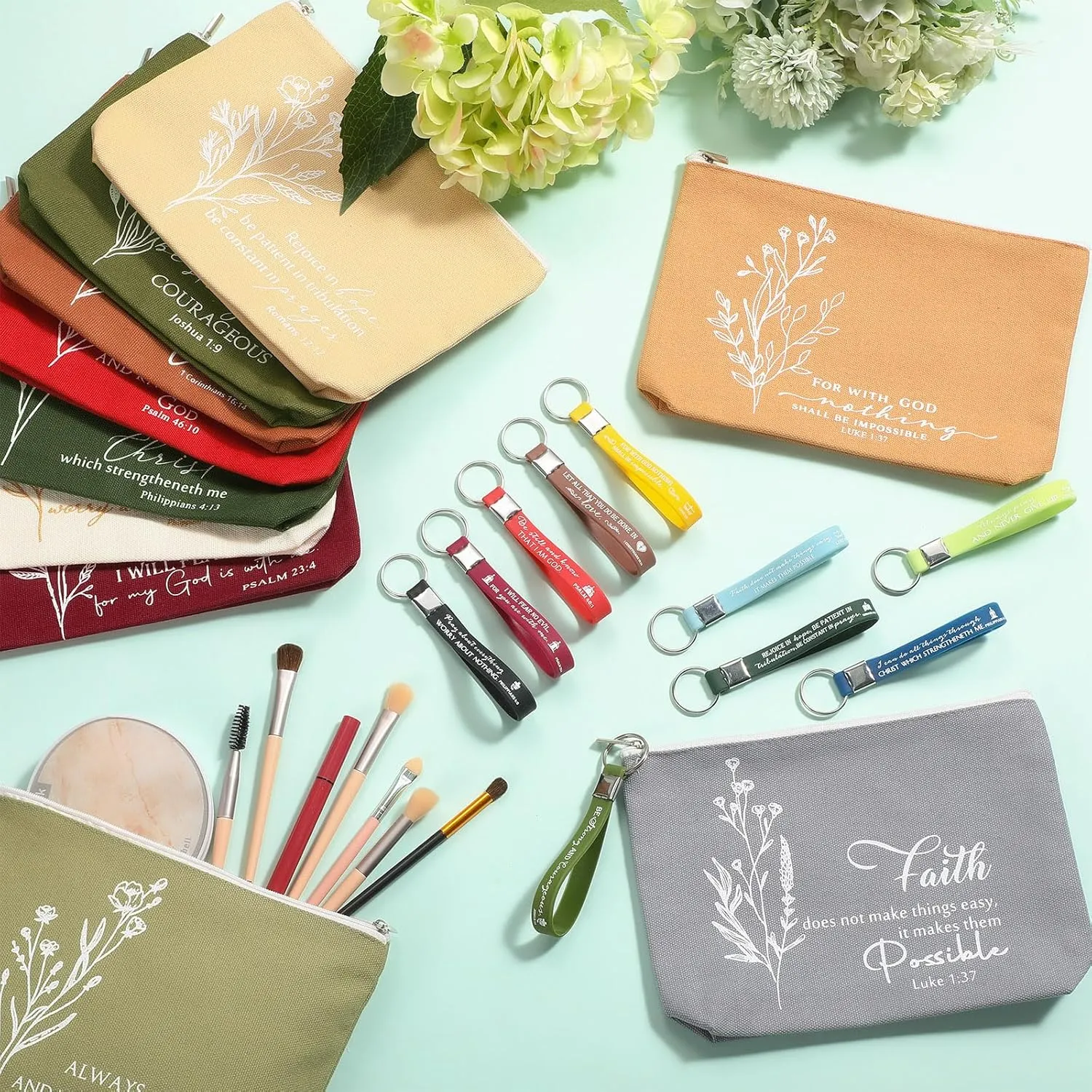 Fumete 10 Set Religious Gifts Bulk for Women with Inspirational Bible Keychains and Religious Boho Canvas Makeup Bags Easter Gifts Church Favors for Men Women Mother's Day (Joyous Color)