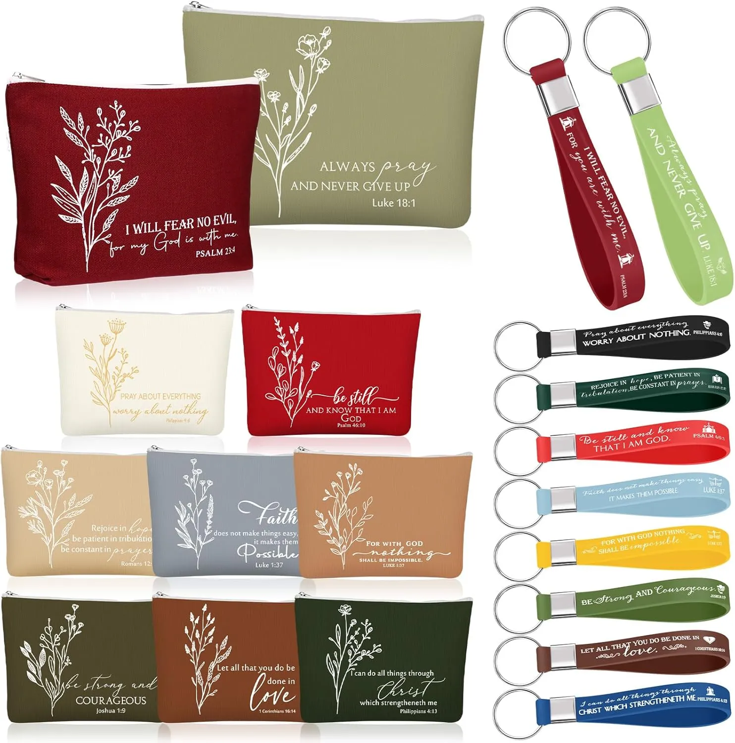 Fumete 10 Set Religious Gifts Bulk for Women with Inspirational Bible Keychains and Religious Boho Canvas Makeup Bags Easter Gifts Church Favors for Men Women Mother's Day (Joyous Color)