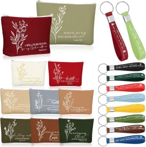 Fumete 10 Set Religious Gifts Bulk for Women with Inspirational Bible Keychains and Religious Boho Canvas Makeup Bags Easter Gifts Church Favors for Men Women Mother's Day (Joyous Color)