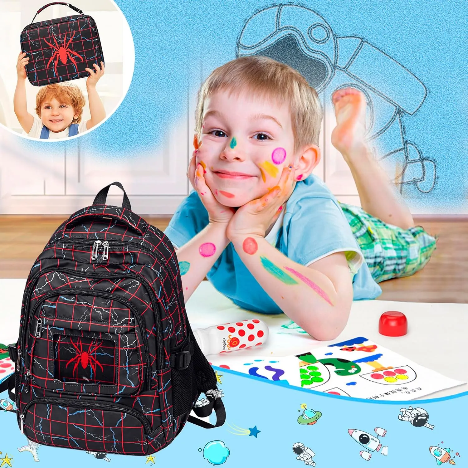FunnyGifts Boys Backpacks with Lunch Box for Kids School Bookbag with Lunch Bag for Elementary Kindergarten Preschool Sticker for Backpacks Mochila Para Nios 4 5 6 7 8 9 10 11 12