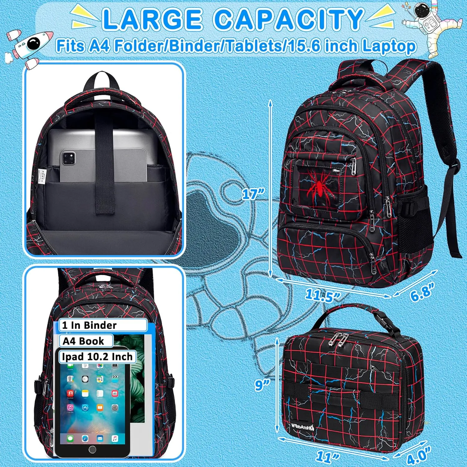 FunnyGifts Boys Backpacks with Lunch Box for Kids School Bookbag with Lunch Bag for Elementary Kindergarten Preschool Sticker for Backpacks Mochila Para Nios 4 5 6 7 8 9 10 11 12