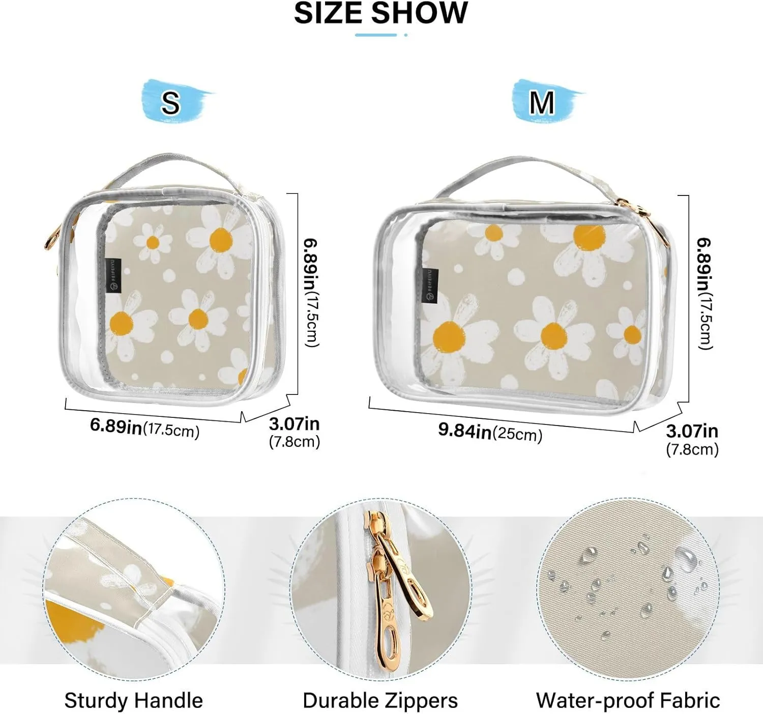 GAIGEO Minimal Botanical Daisies Printable 2 Pack Clear Toiletry Bag Set, Tsa Approved Toiletry Bag for Carry On, Organizer Bag for Travel
