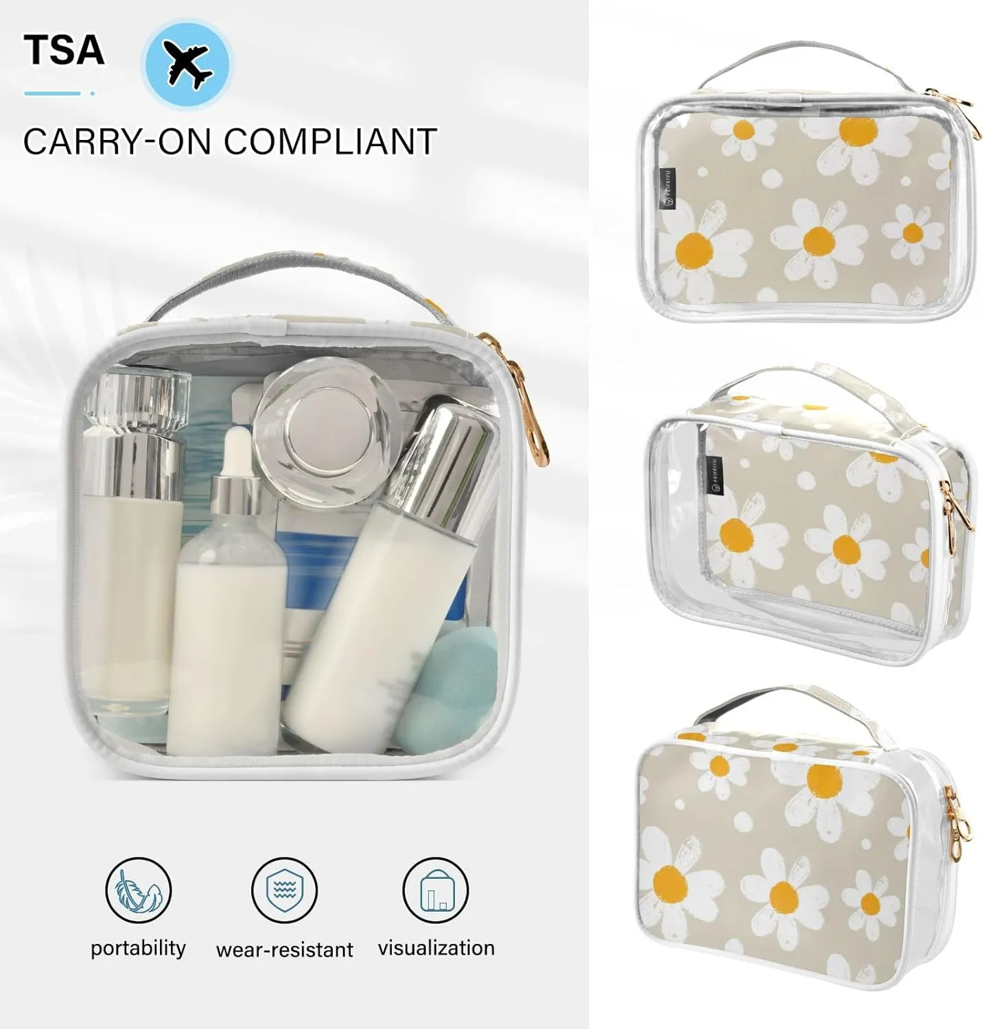GAIGEO Minimal Botanical Daisies Printable 2 Pack Clear Toiletry Bag Set, Tsa Approved Toiletry Bag for Carry On, Organizer Bag for Travel