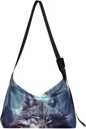 Galaxy Wolf Black Tote Bag for Women Large Hobo Bags Hobo Crossbody Bags Leather Hobo Bags with Adjustable Strap for Girl
