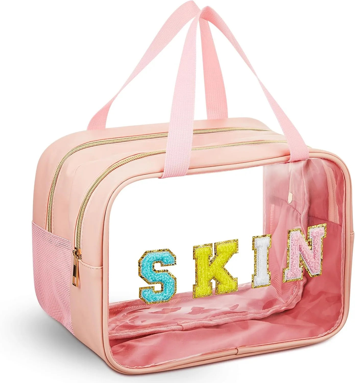 Geetery Chenille Letter Patch Makeup Bag with Handy Handle - Preppy Nylon Cosmetic Organizer with Zipper, Large Travel Toiletry Storage Bag for Women Portable Pink Makeup Case, Women Gifts