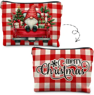 Gnomes Christmas Makeup Bag, Merry Christmas Red checkered Cosmetic Bags for Women, Cute Dwarf Zipper Pouch Makeup Pouch