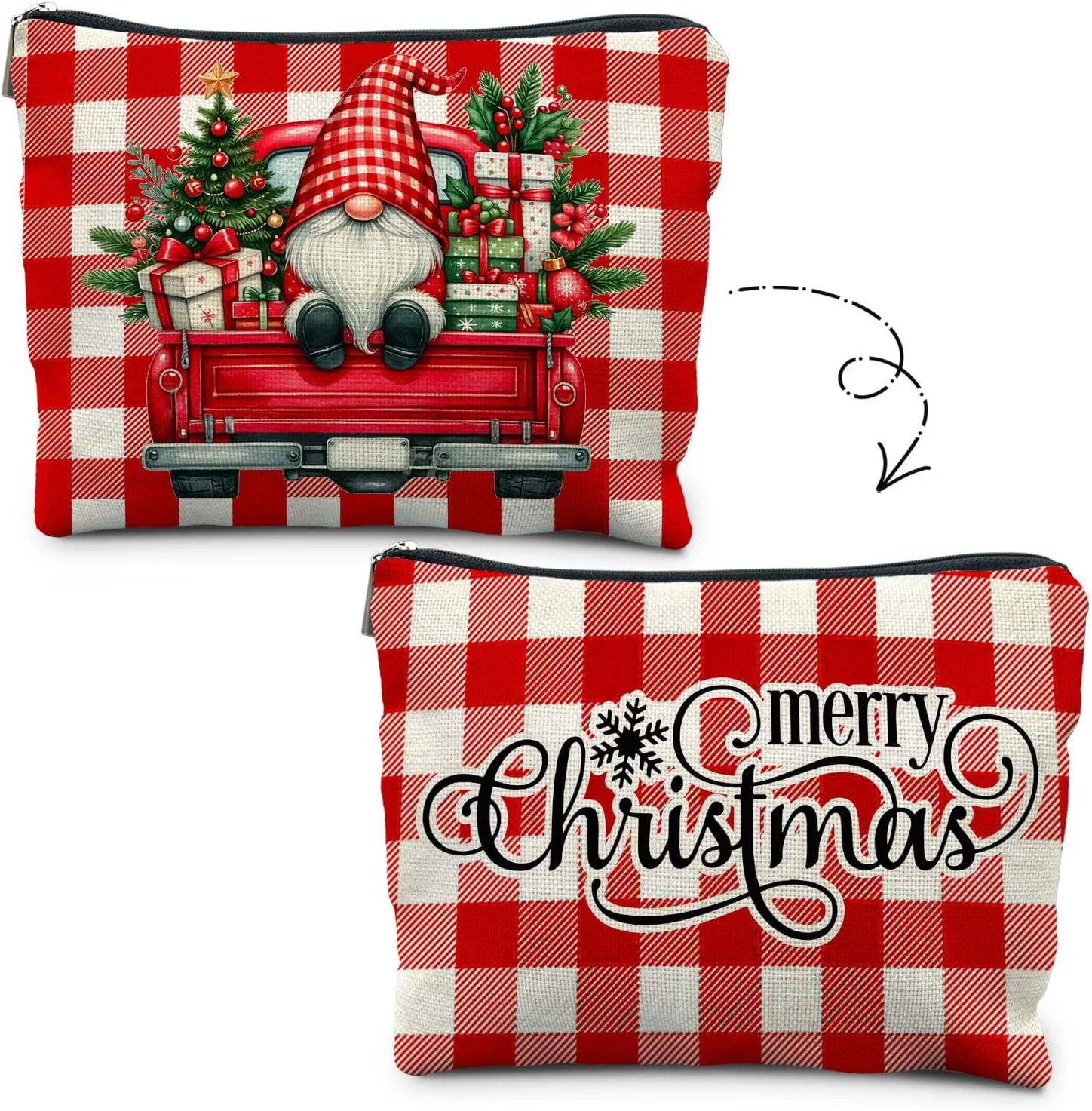 Gnomes Christmas Makeup Bag, Merry Christmas Red checkered Cosmetic Bags for Women, Cute Dwarf Zipper Pouch Makeup Pouch