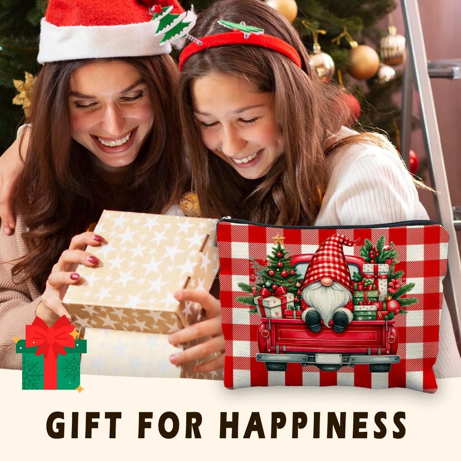 Gnomes Christmas Makeup Bag, Merry Christmas Red checkered Cosmetic Bags for Women, Cute Dwarf Zipper Pouch Makeup Pouch