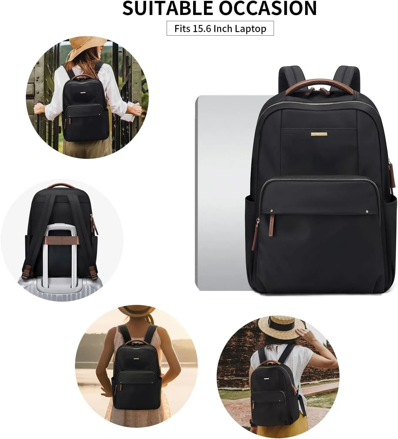 GOLF SUPAGS Laptop Backpack for Women Computer Bag Casual Daypack Fits 15.6 Inch Notebook Work Travel Backpacks (Black)