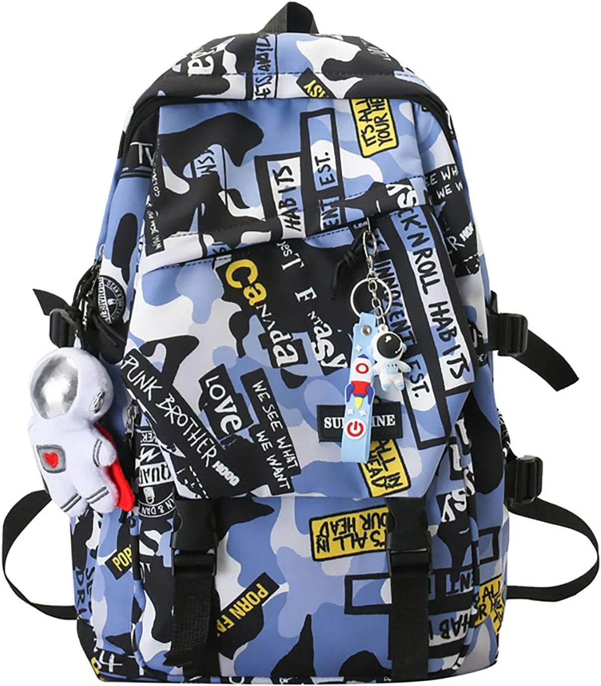 Graffiti Camo Print Bookbag College Travel 15.6 Inch Laptop Backpack with Pendant for Women Men (Blue)
