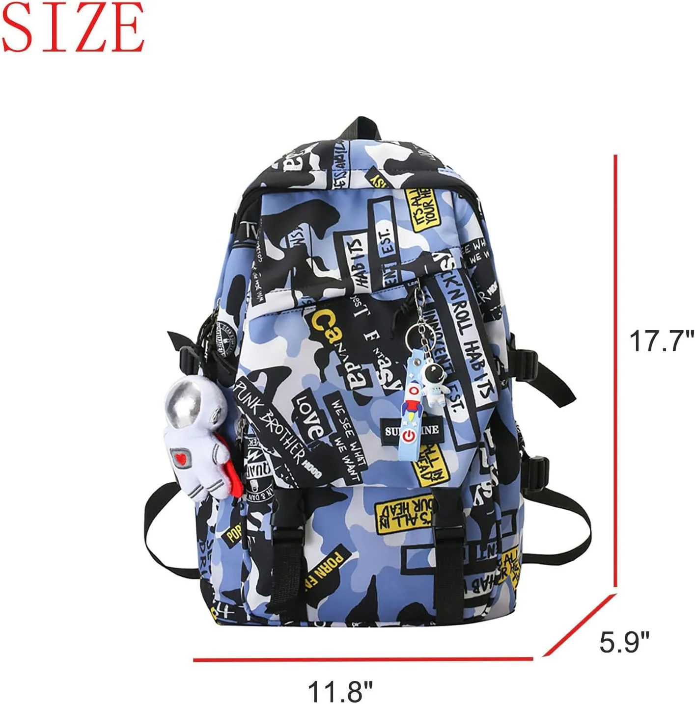 Graffiti Camo Print Bookbag College Travel 15.6 Inch Laptop Backpack with Pendant for Women Men (Blue)