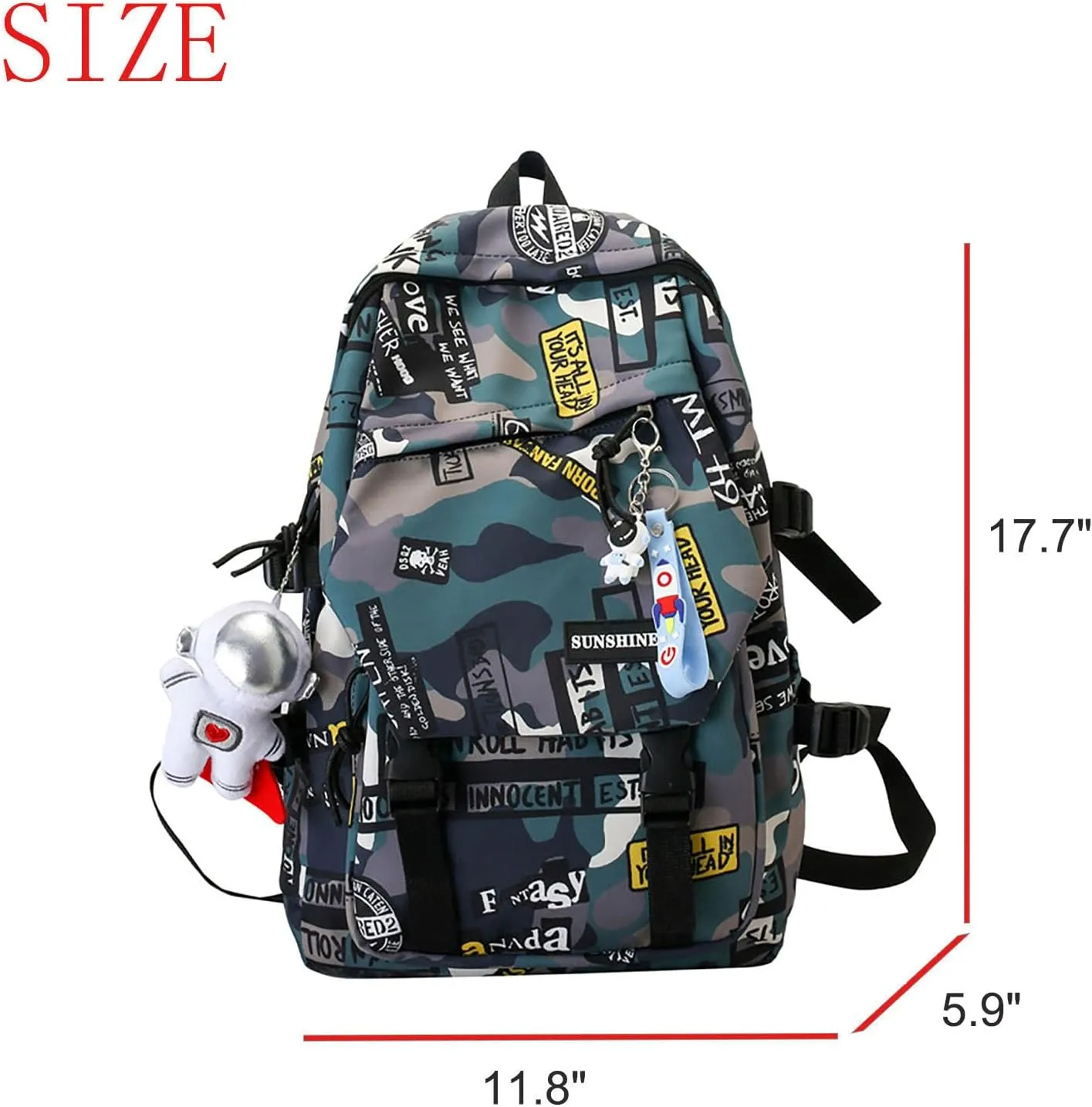 Graffiti Camo Print Bookbag College Travel 15.6 Inch Laptop Backpack with Pendant for Women Men (Green)
