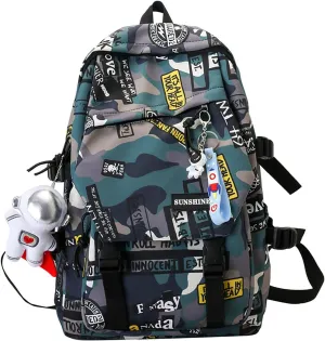 Graffiti Camo Print Bookbag College Travel 15.6 Inch Laptop Backpack with Pendant for Women Men (Green)