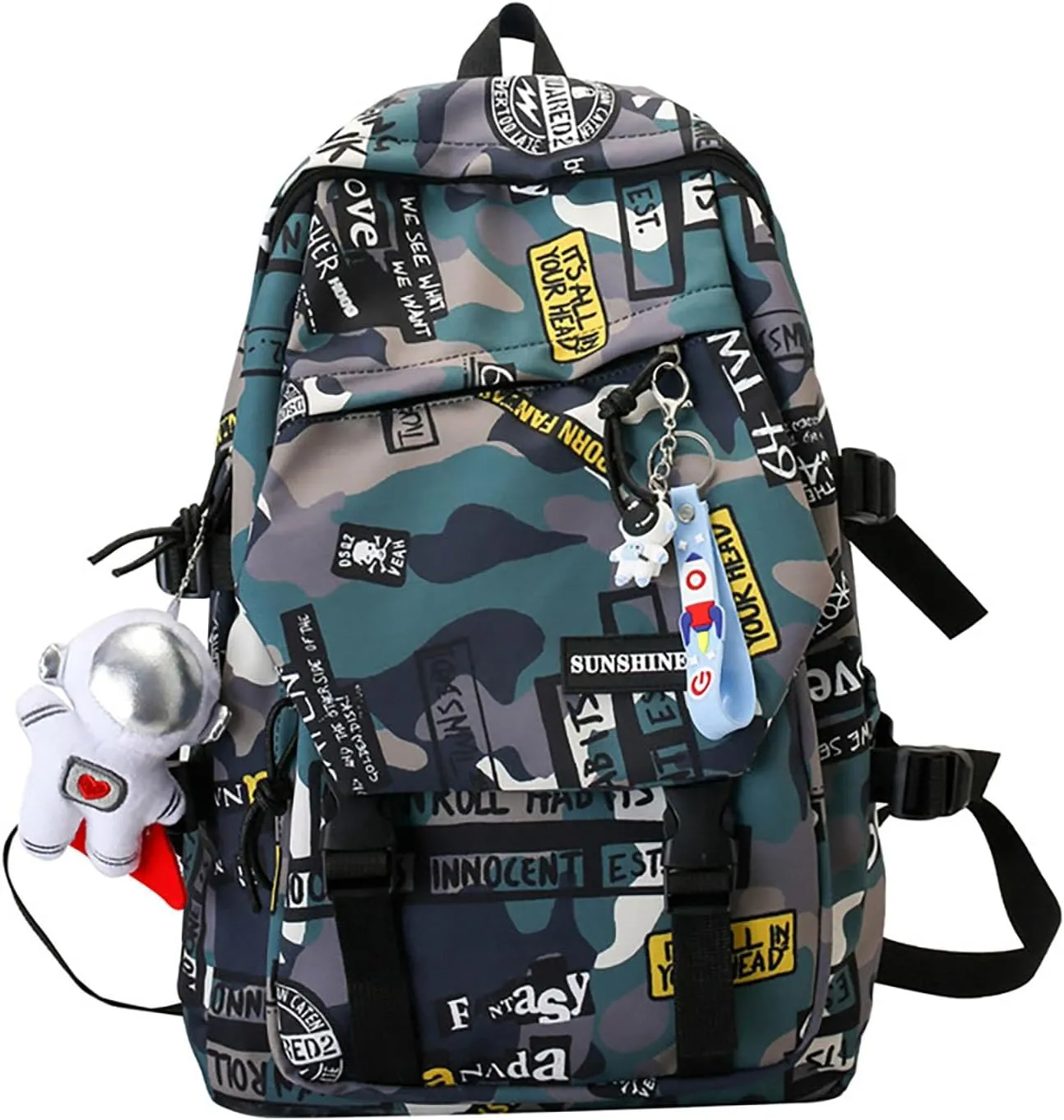Graffiti Camo Print Bookbag College Travel 15.6 Inch Laptop Backpack with Pendant for Women Men (Green)