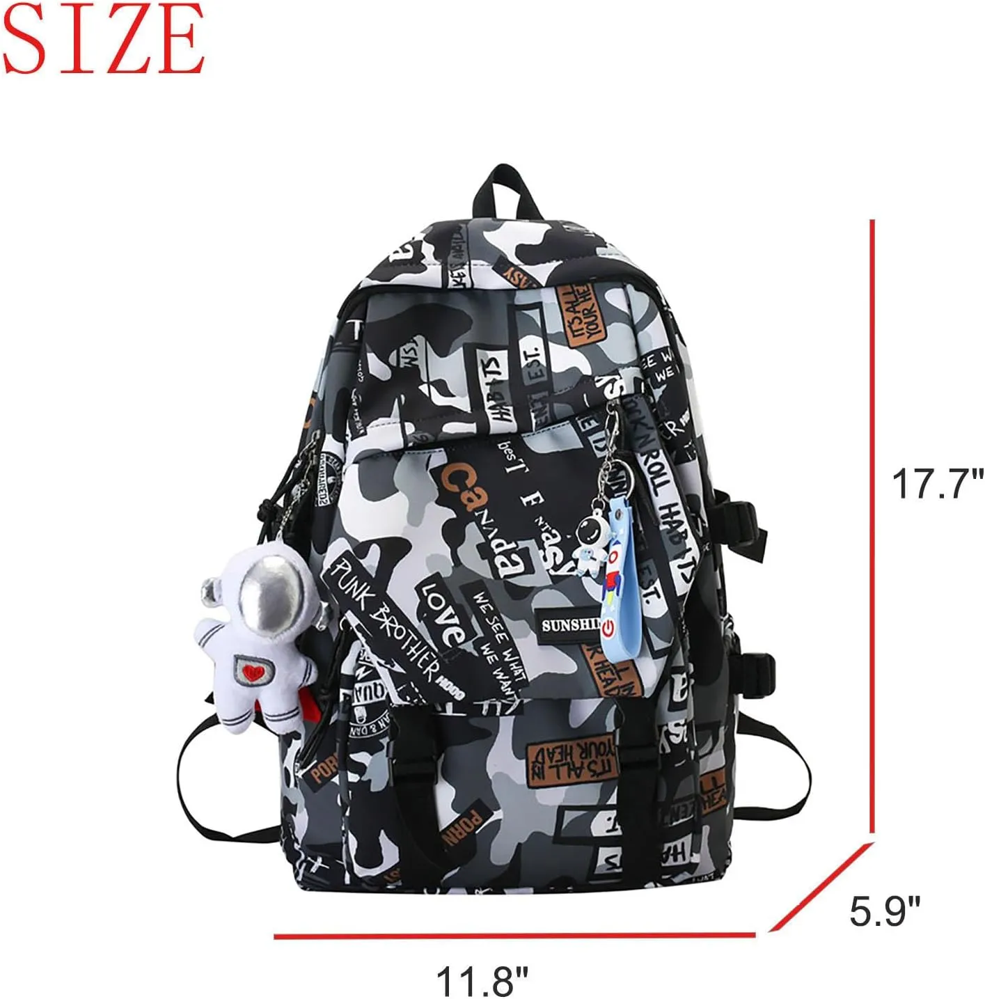 Graffiti Camo Print Bookbag College Travel 15.6 Inch Laptop Backpack with Pendant for Women Men (Grey)