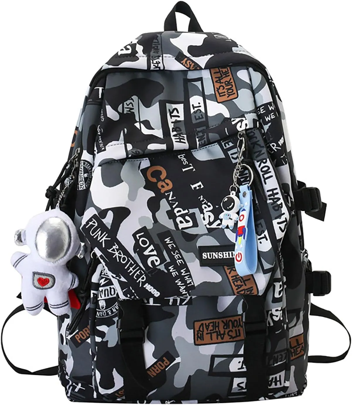 Graffiti Camo Print Bookbag College Travel 15.6 Inch Laptop Backpack with Pendant for Women Men (Grey)