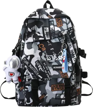 Graffiti Camo Print Bookbag College Travel 15.6 Inch Laptop Backpack with Pendant for Women Men (Grey)