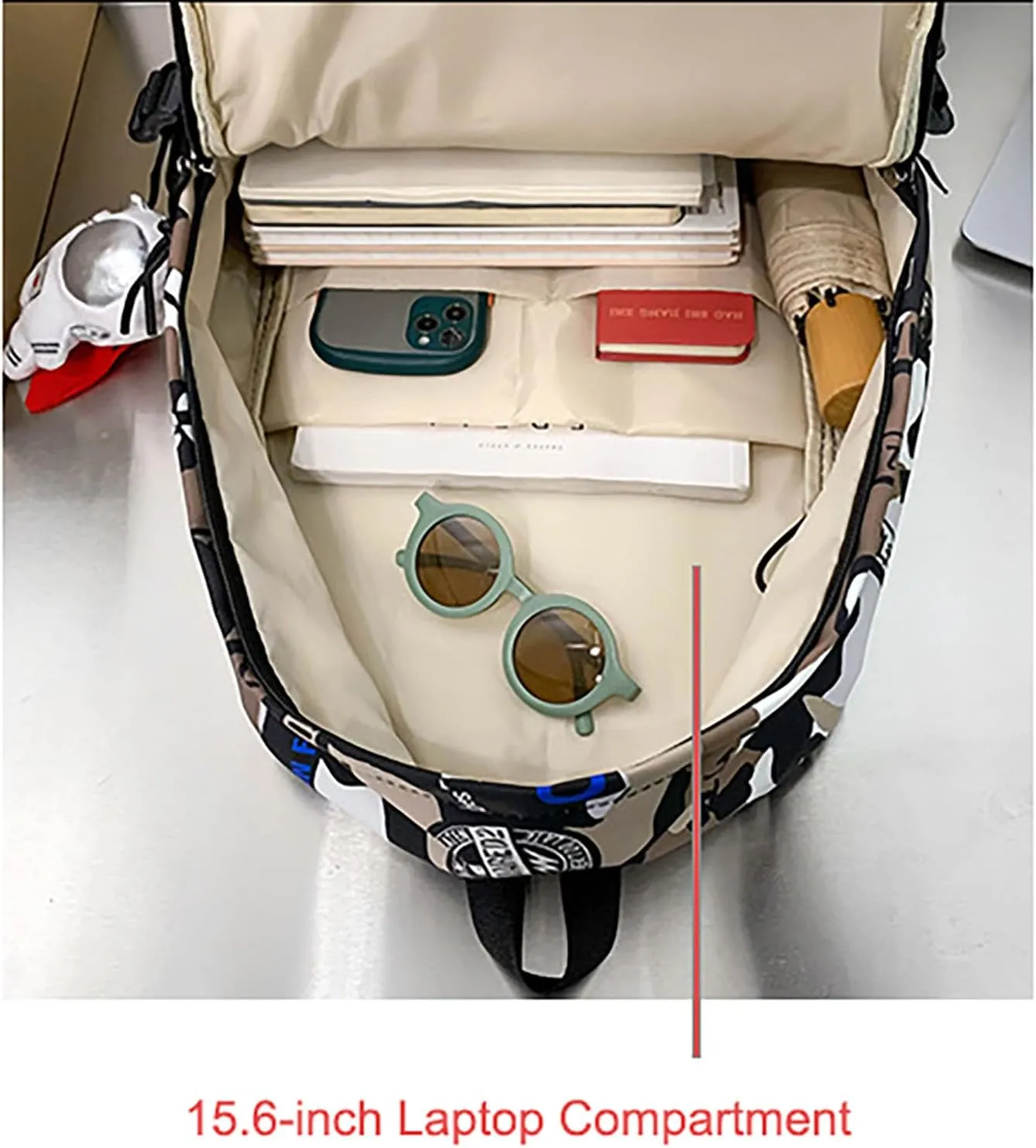 Graffiti Camo Print Bookbag College Travel 15.6 Inch Laptop Backpack with Pendant for Women Men (Khaki)