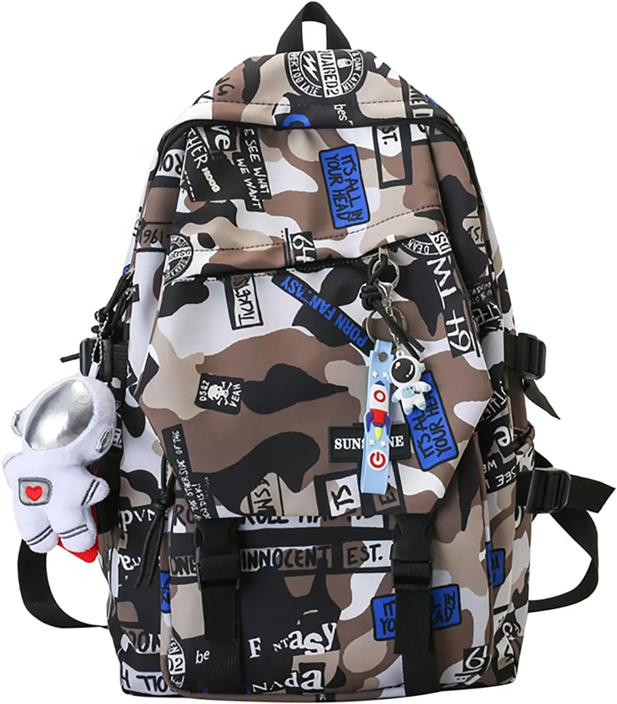Graffiti Camo Print Bookbag College Travel 15.6 Inch Laptop Backpack with Pendant for Women Men (Khaki)