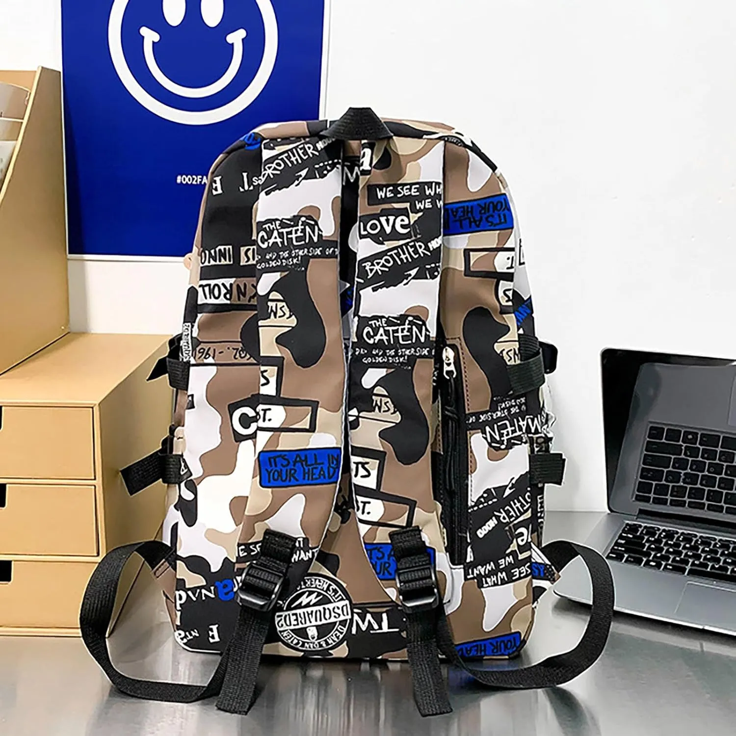 Graffiti Camo Print Bookbag College Travel 15.6 Inch Laptop Backpack with Pendant for Women Men (Khaki)