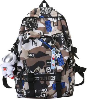 Graffiti Camo Print Bookbag College Travel 15.6 Inch Laptop Backpack with Pendant for Women Men (Khaki)