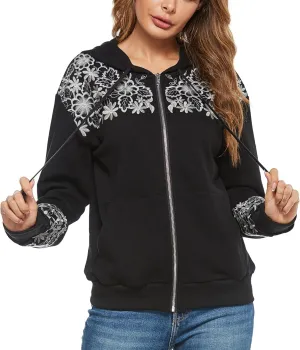 Grosy Boho Floral Embroidered Hoodie for Women Zip Up Long Sleeve Hooded Sweatshirt for Fall Winter Ethnic Vintage Jackets
