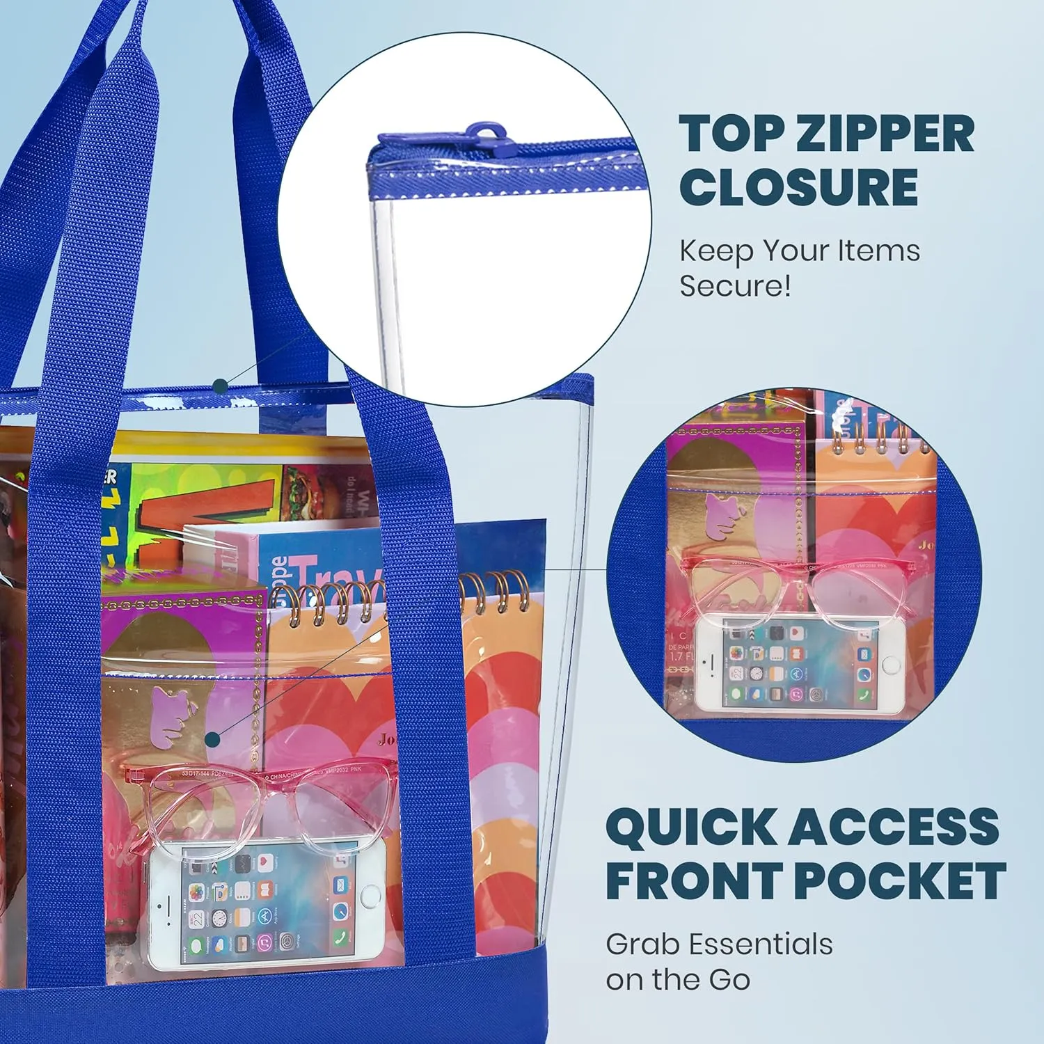 Handy Laundry Clear Tote Bag - Zipper Closure, Long Shoulder Strap, Fabric Trimming.