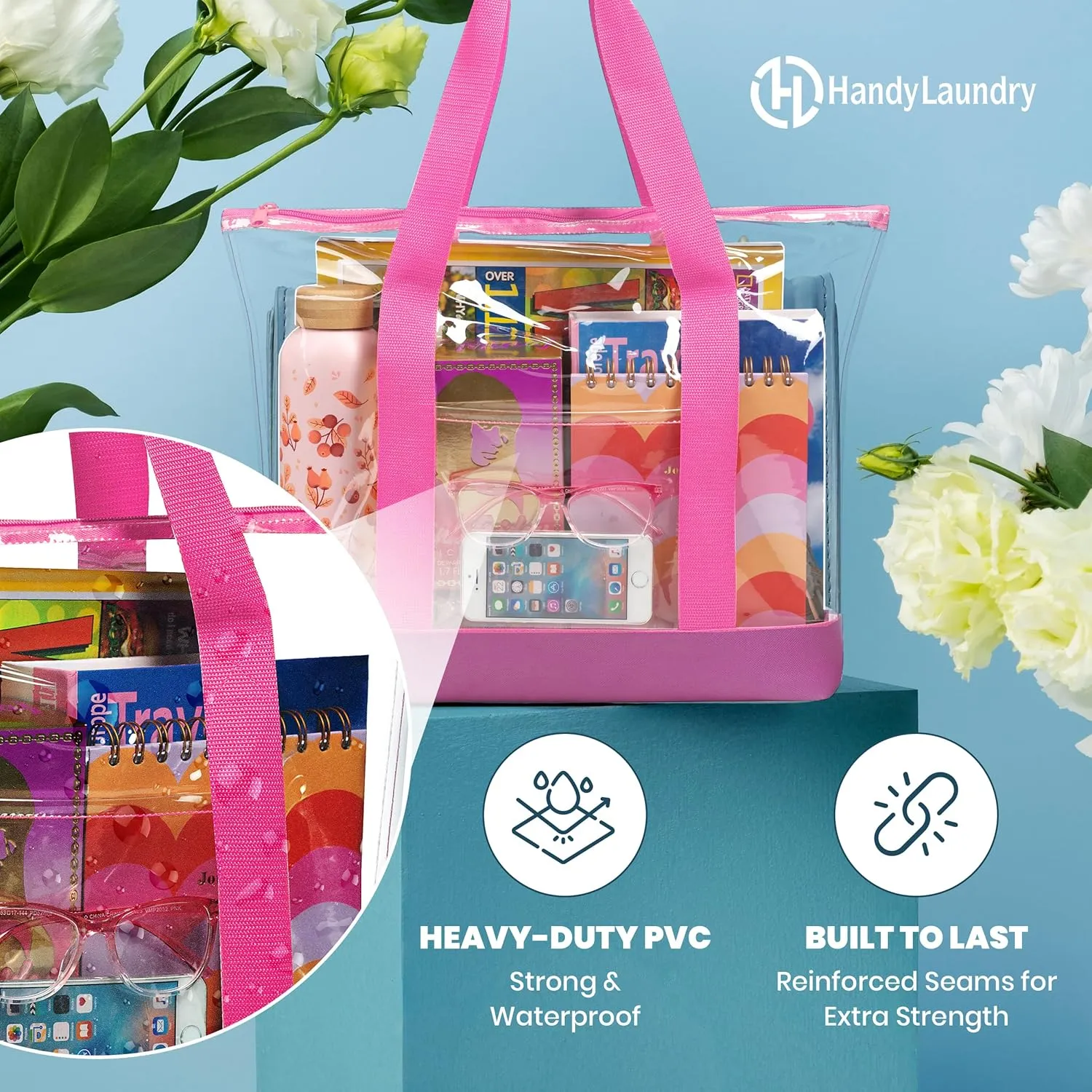 Handy Laundry Clear Tote Bag - Zipper Closure, Long Shoulder Strap, Fabric Trimming.